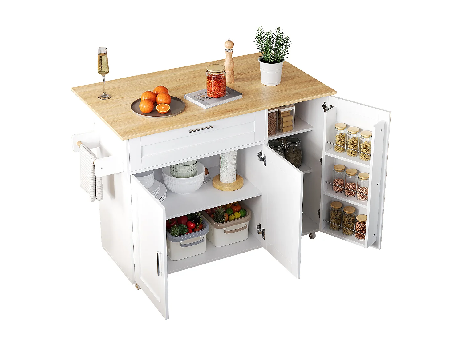 Îlot central de cuisine avec 3 portes et tiroir en MDF - Blanc et naturel clair