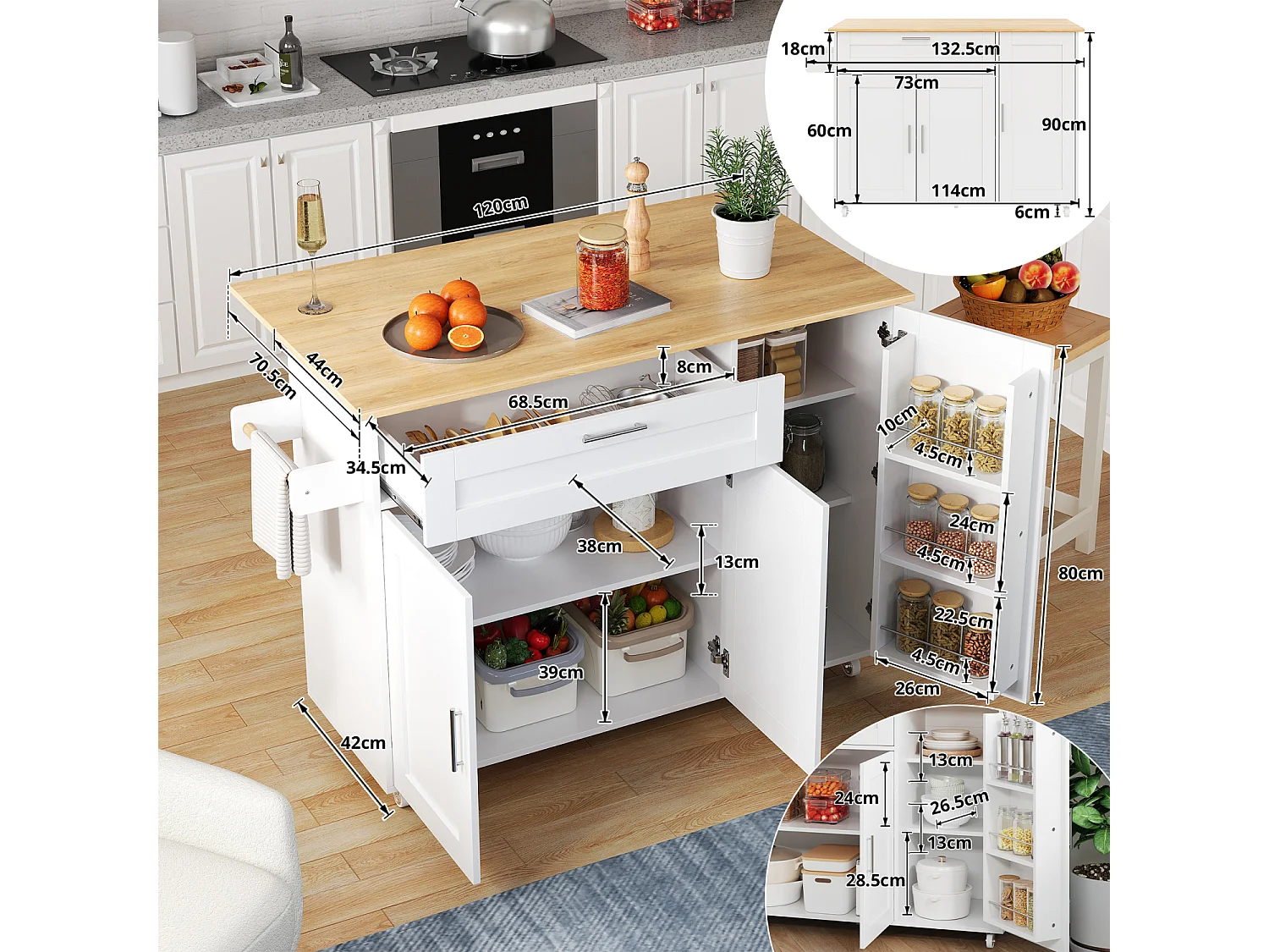 Ilha de cozinha com 3 portas e uma gaveta em MDF - Branco e natural claro