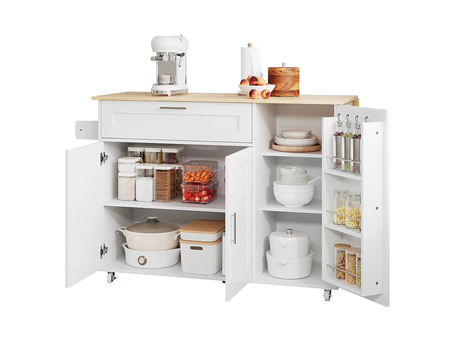 Ilha de cozinha com 3 portas e uma gaveta em MDF - Branco e natural claro