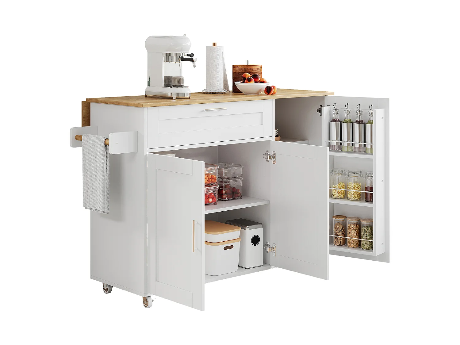 Ilha de cozinha com 3 portas e uma gaveta em MDF - Branco e natural claro