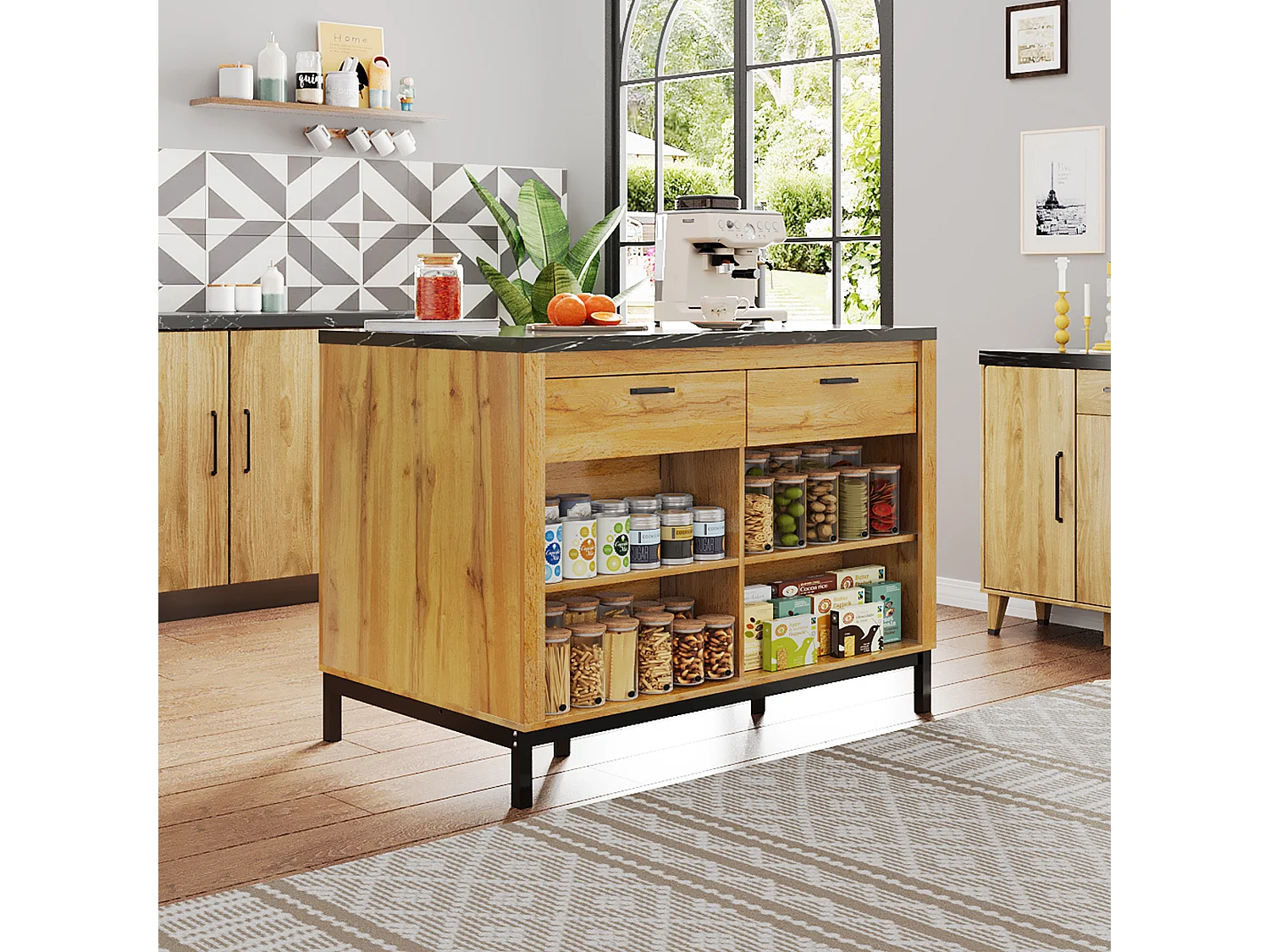 Îlot de cuisine avec 2 tiroirs et 4 étagères ouvertes - Plateau effet marbre noir - Couleur bois