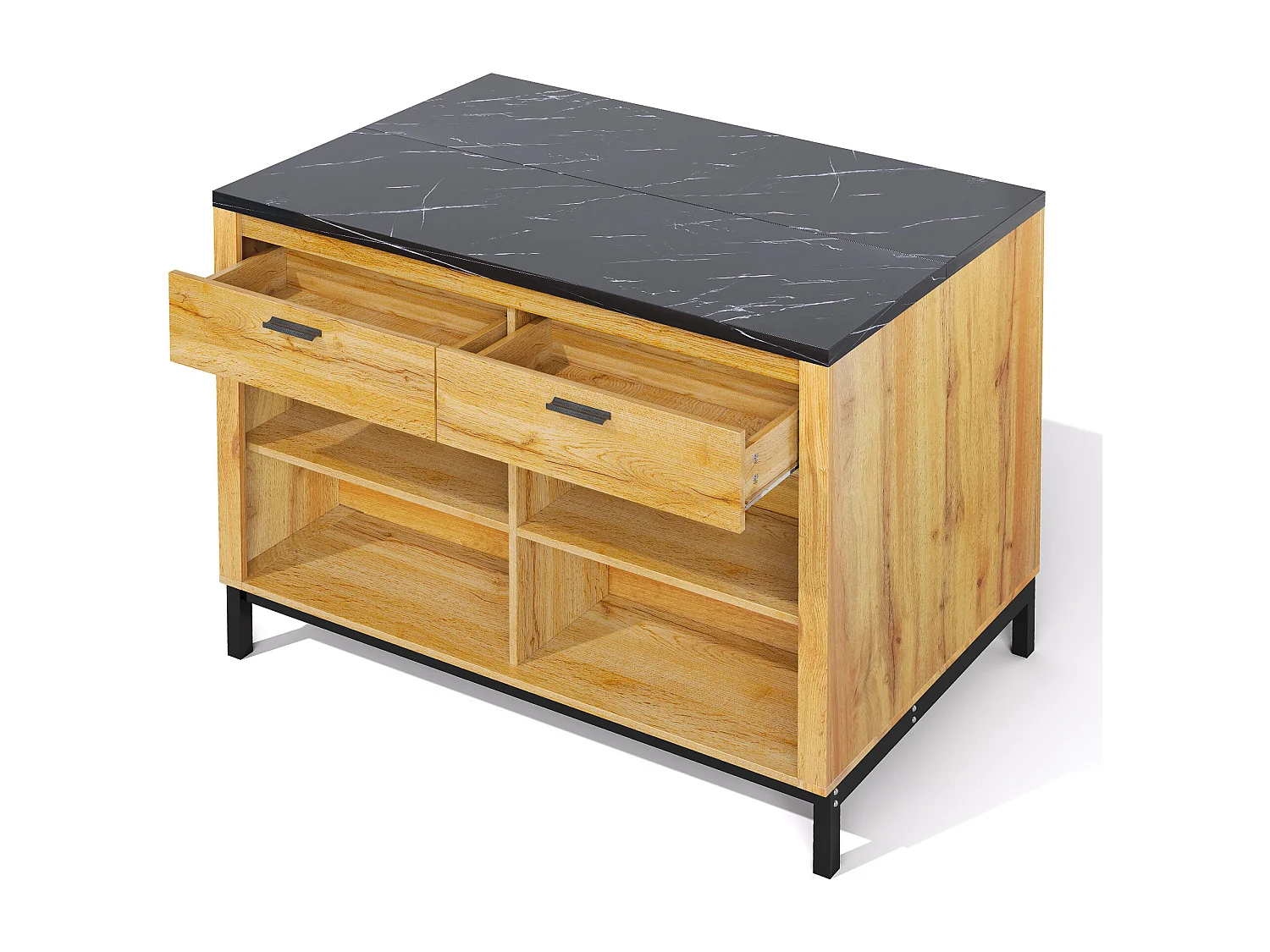 Îlot de cuisine avec 2 tiroirs et 4 étagères ouvertes - Plateau effet marbre noir - Couleur bois