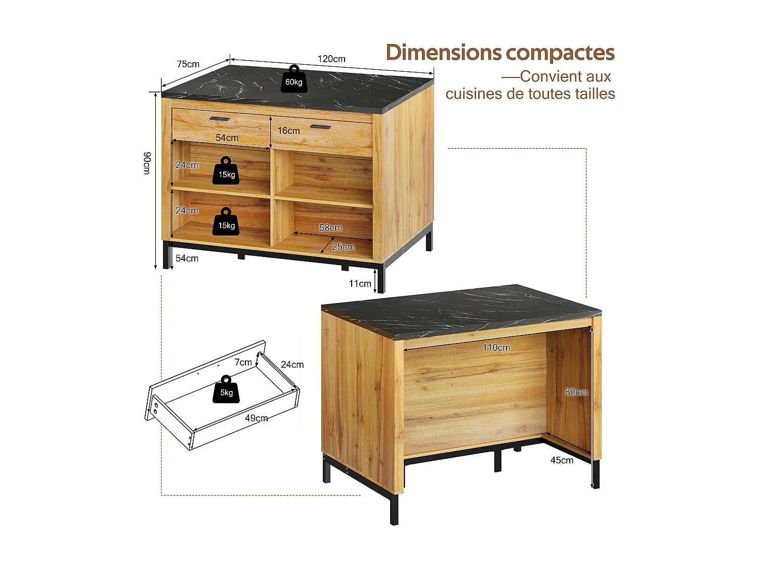 Îlot de cuisine avec 2 tiroirs et 4 étagères ouvertes - Plateau effet marbre noir - Couleur bois