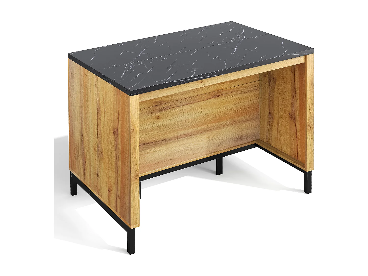 Îlot de cuisine avec 2 tiroirs et 4 étagères ouvertes - Plateau effet marbre noir - Couleur bois