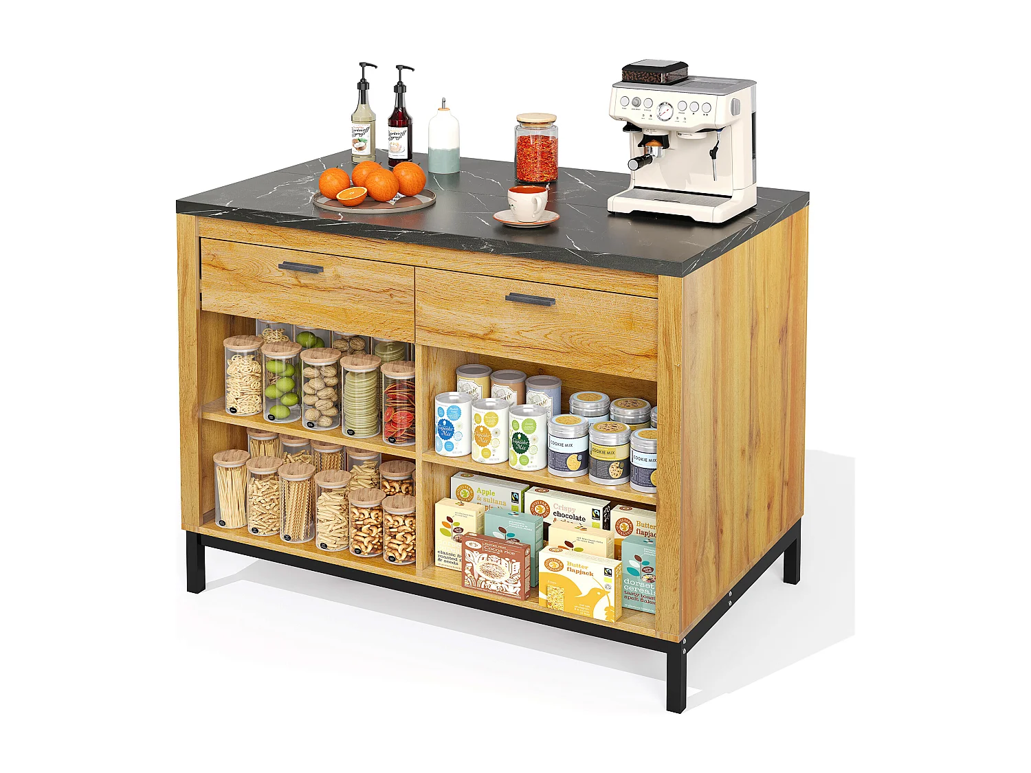 Îlot de cuisine avec 2 tiroirs et 4 étagères ouvertes - Plateau effet marbre noir - Couleur bois