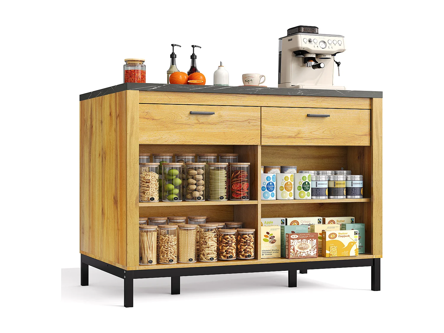 Îlot de cuisine avec 2 tiroirs et 4 étagères ouvertes - Plateau effet marbre noir - Couleur bois