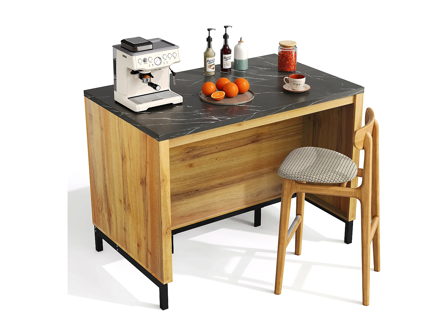 Îlot de cuisine avec 2 tiroirs et 4 étagères ouvertes - Plateau effet marbre noir - Couleur bois