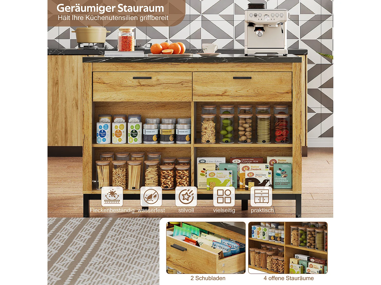 Îlot de cuisine avec 2 tiroirs et 4 étagères ouvertes - Plateau effet marbre noir - Couleur bois