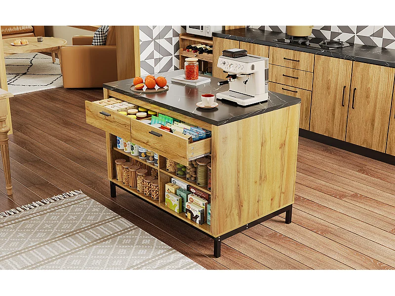 Îlot de cuisine avec 2 tiroirs et 4 étagères ouvertes - Plateau effet marbre noir - Couleur bois