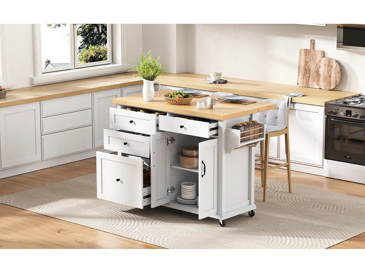 Îlot central de cuisine blanc sur roulettes - 4 tiroirs et 2 portes - Plateau rabattable 107x45（70）cm