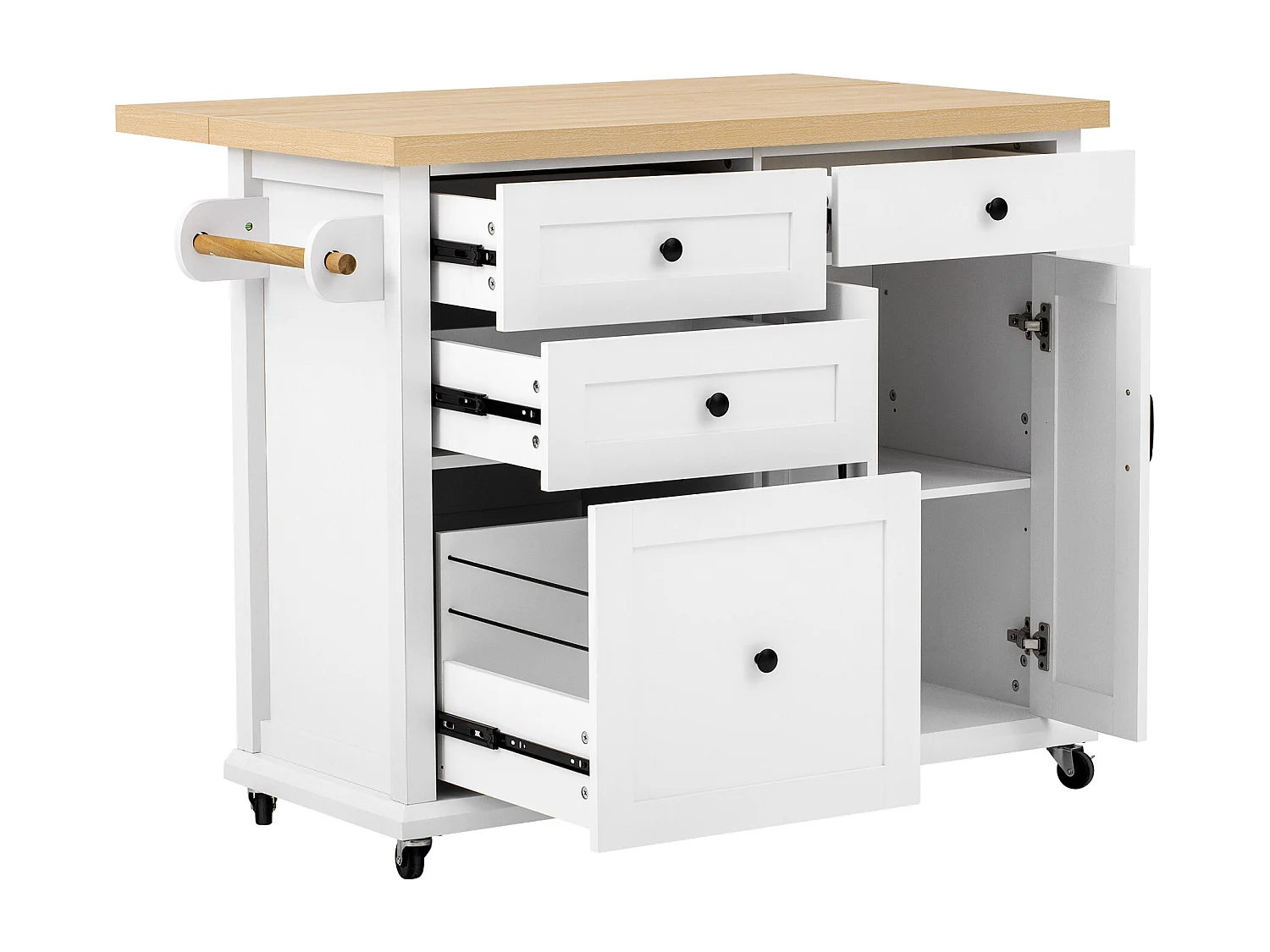 Îlot central de cuisine blanc sur roulettes - 4 tiroirs et 2 portes - Plateau rabattable 107x45（70）cm