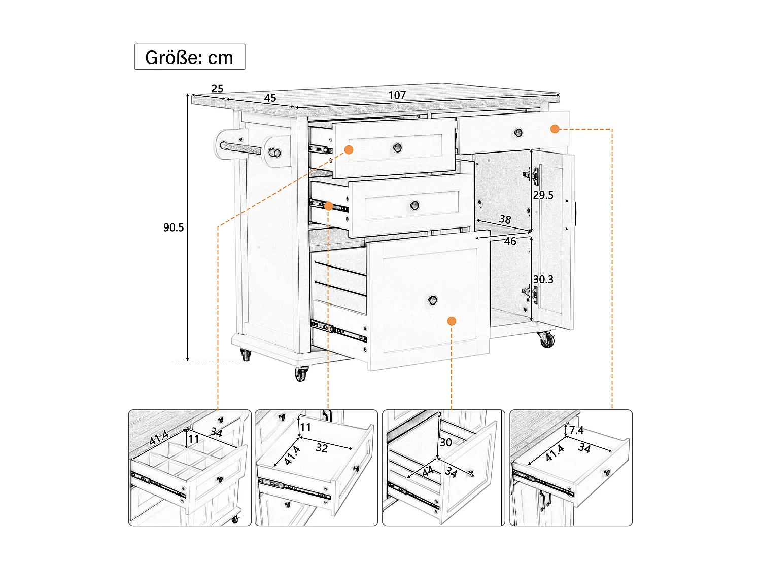 Îlot central de cuisine blanc sur roulettes - 4 tiroirs et 2 portes - Plateau rabattable 107x45（70）cm