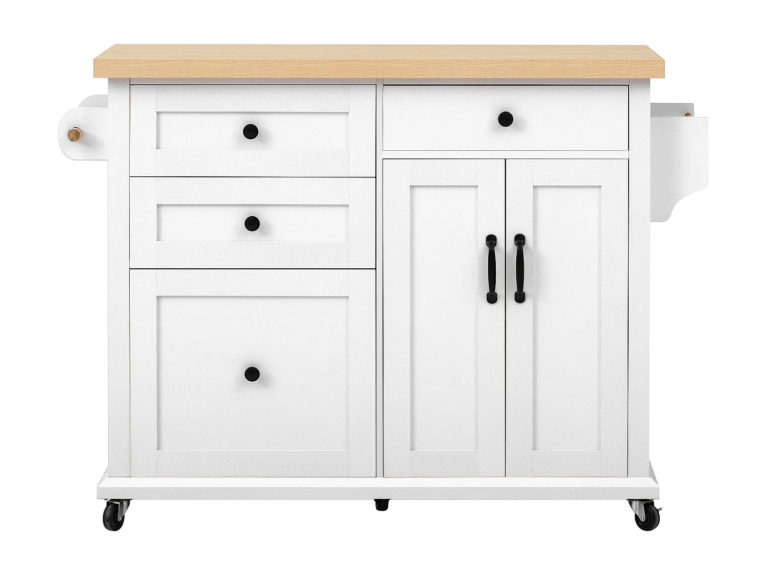 Îlot central de cuisine blanc sur roulettes - 4 tiroirs et 2 portes - Plateau rabattable 107x45（70）cm