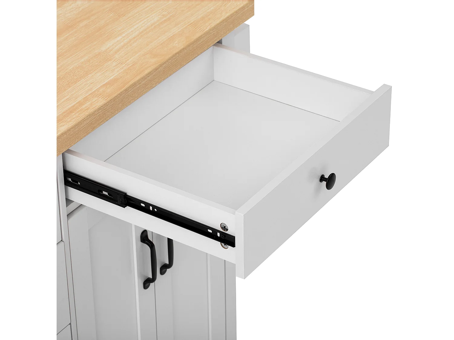 Îlot central de cuisine blanc sur roulettes - 4 tiroirs et 2 portes - Plateau rabattable 107x45（70）cm