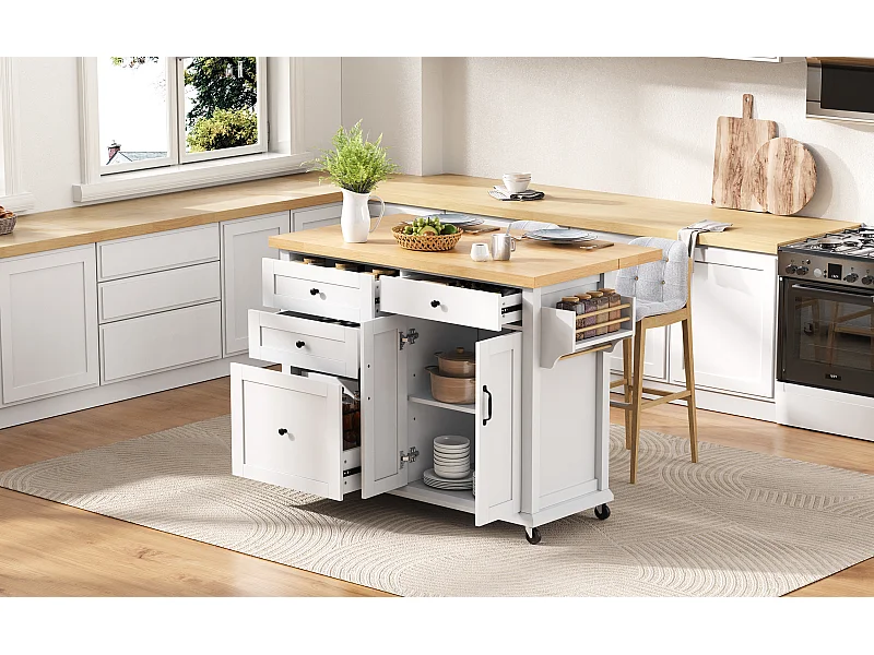 Îlot central de cuisine blanc sur roulettes - 4 tiroirs et 2 portes - Plateau rabattable 107x45（70）cm