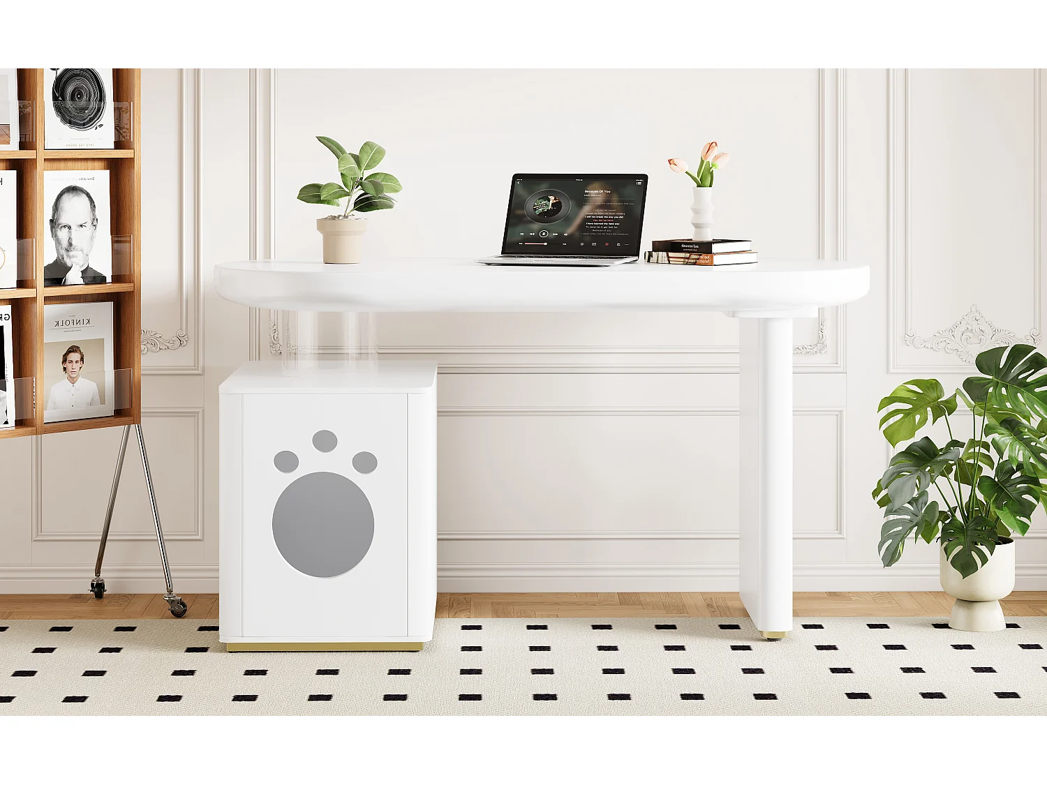 Bureau met mandje voor huisdieren - Afgeronde vormen - Wit