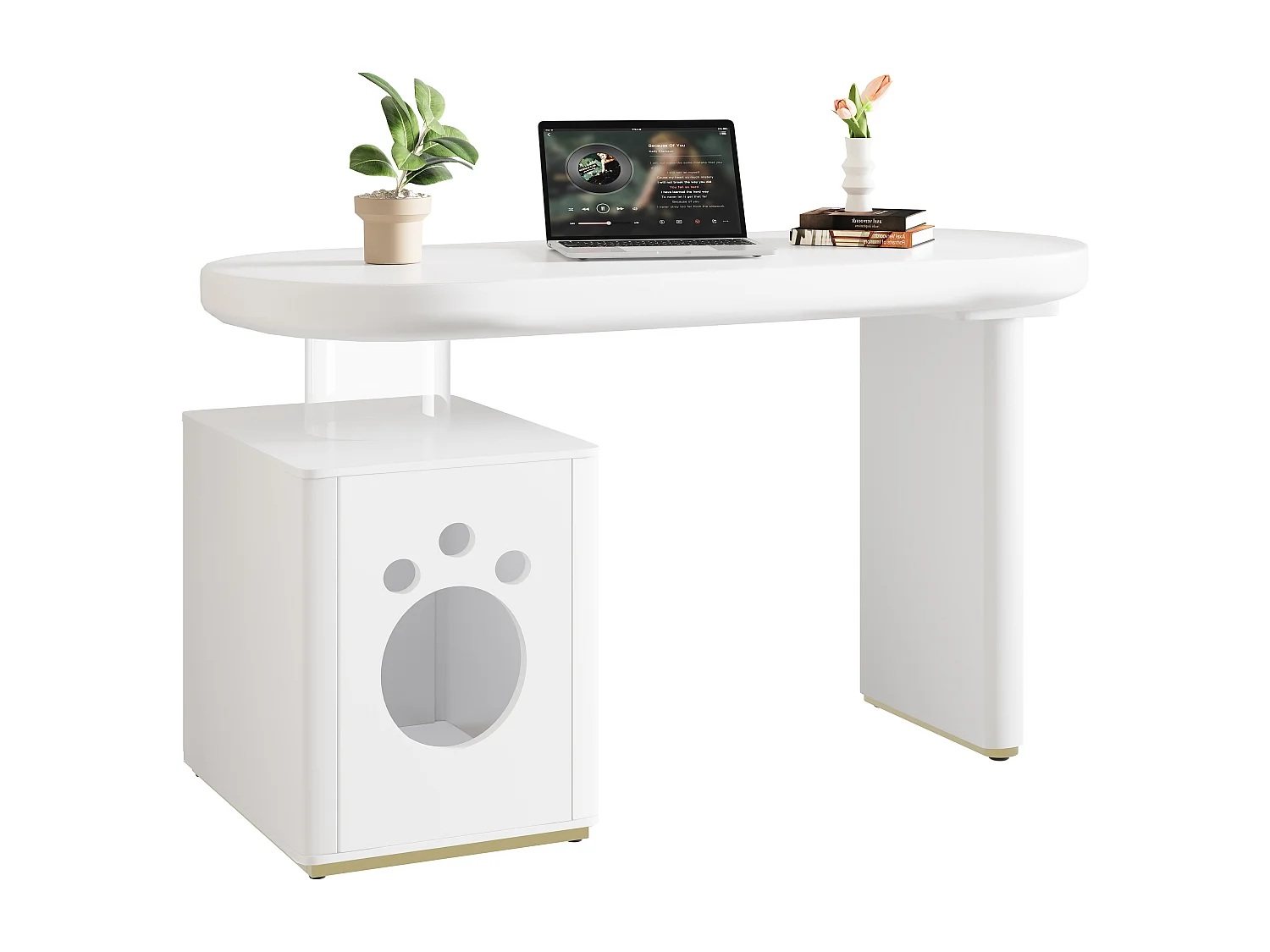 Bureau met mandje voor huisdieren - Afgeronde vormen - Wit