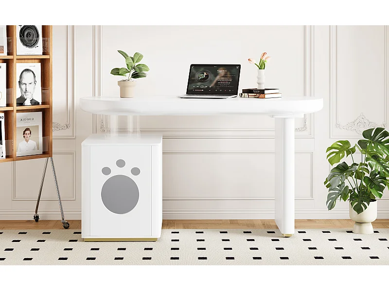 Bureau met mandje voor huisdieren - Afgeronde vormen - Wit