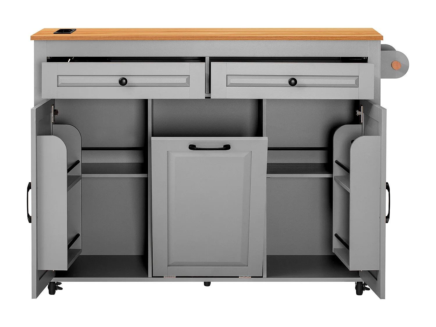 Îlot de cuisine couleur gris et bois - Avec prise électrique et compartiment poubelle - Plateau télescopique
