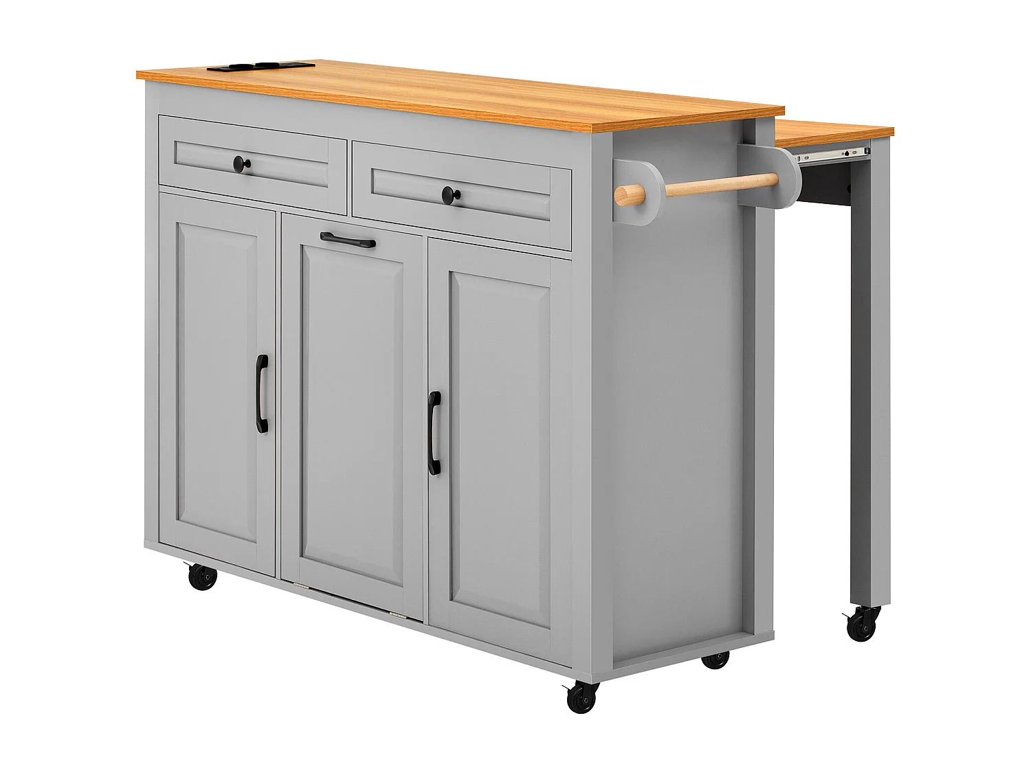 Îlot de cuisine couleur gris et bois - Avec prise électrique et compartiment poubelle - Plateau télescopique