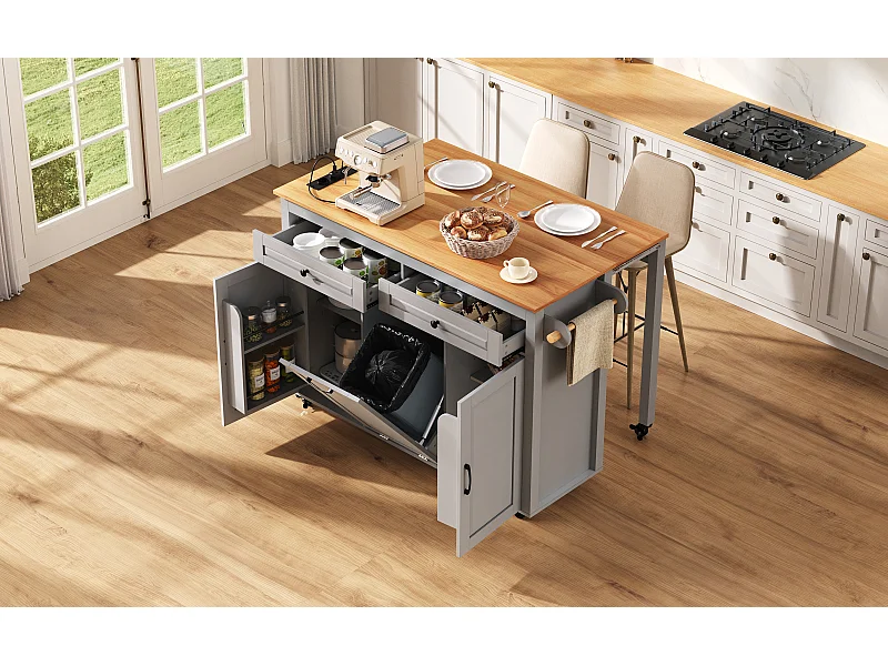 Îlot de cuisine couleur gris et bois - Avec prise électrique et compartiment poubelle - Plateau télescopique