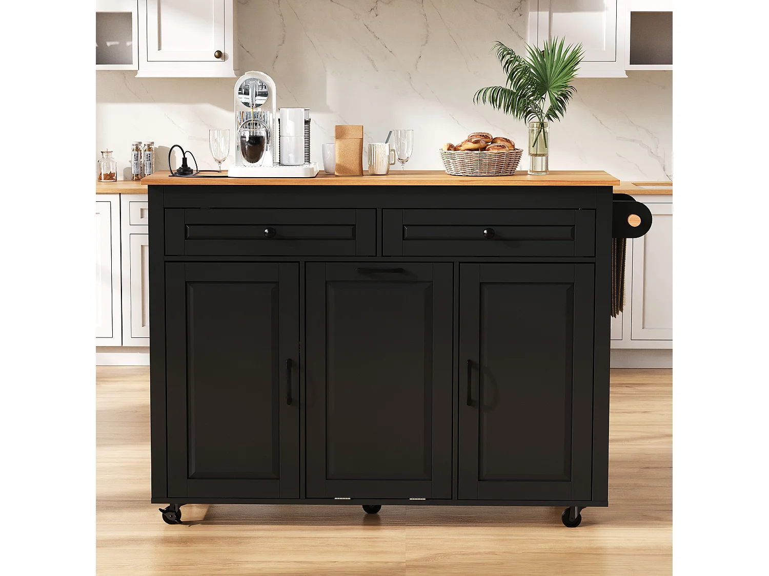 Îlot de cuisine couleur noir et bois - Avec prise électrique et compartiment poubelle - Plateau télescopique