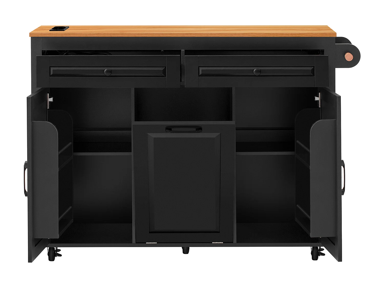 Îlot de cuisine couleur noir et bois - Avec prise électrique et compartiment poubelle - Plateau télescopique