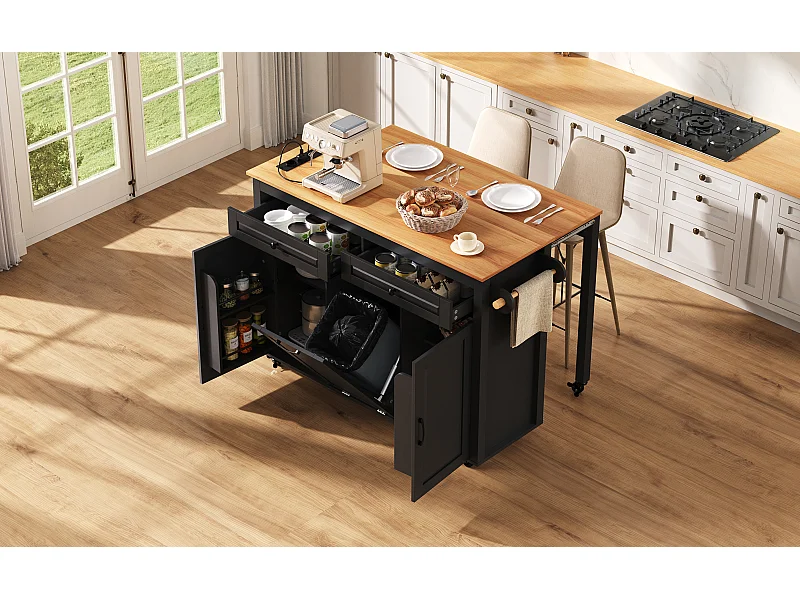 Îlot de cuisine couleur noir et bois - Avec prise électrique et compartiment poubelle - Plateau télescopique