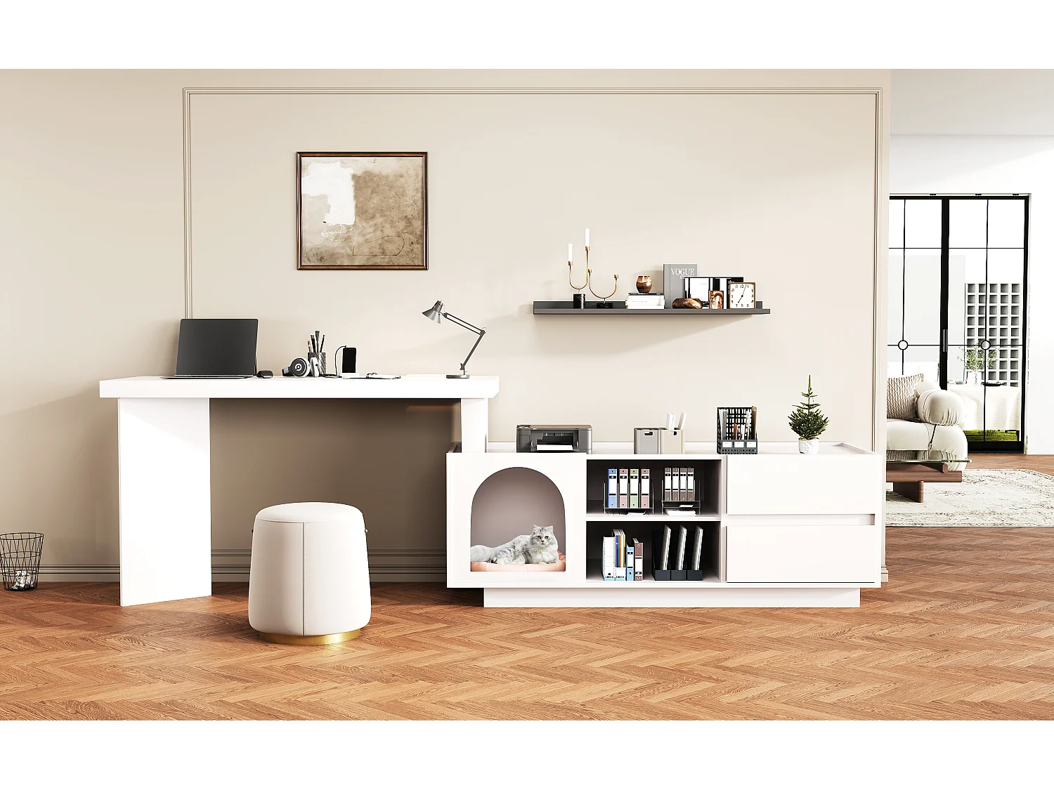 Hoekbureau van MDF - geïntegreerd dierencompartiment en 2 lades - wit