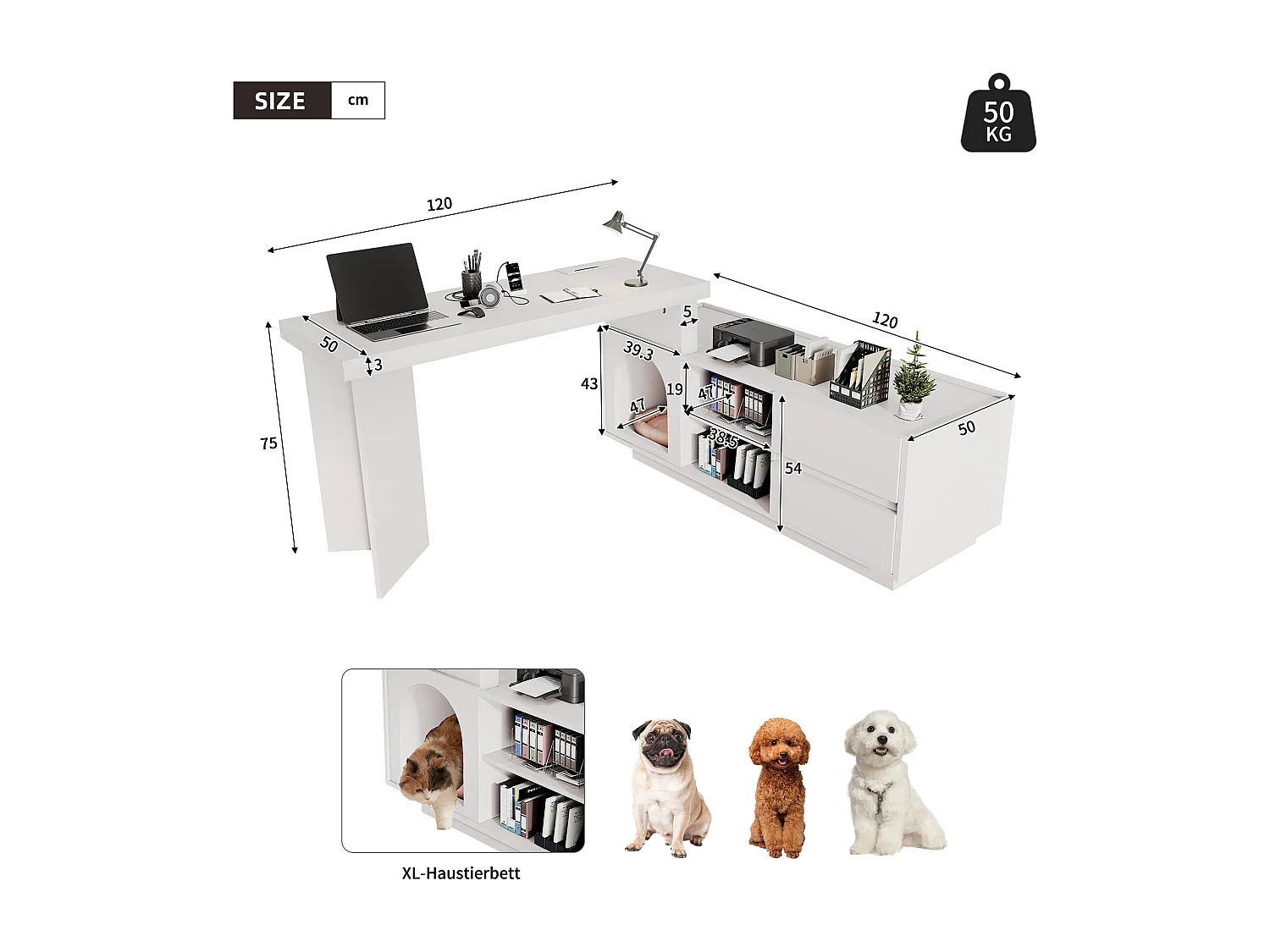 Hoekbureau van MDF - geïntegreerd dierencompartiment en 2 lades - wit