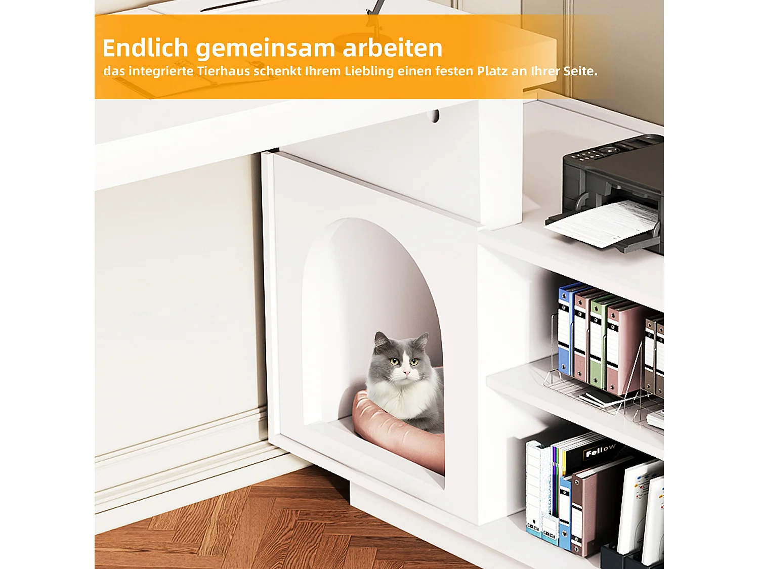 Hoekbureau van MDF - geïntegreerd dierencompartiment en 2 lades - wit