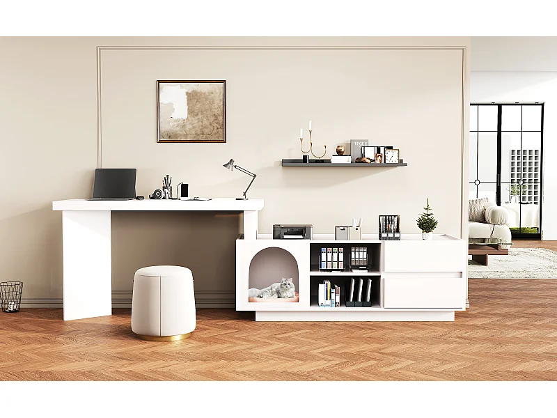 Hoekbureau van MDF - geïntegreerd dierencompartiment en 2 lades - wit