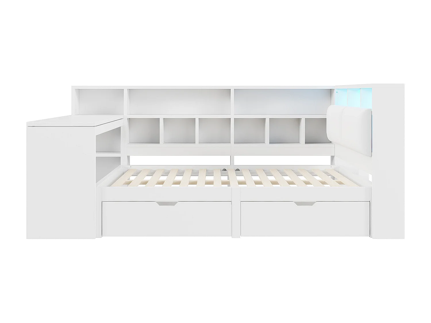 Lit en bois de 140 x 200 cm avec bureau et étagère - Lit enfant avec 2 tiroirs et LED - Blanc