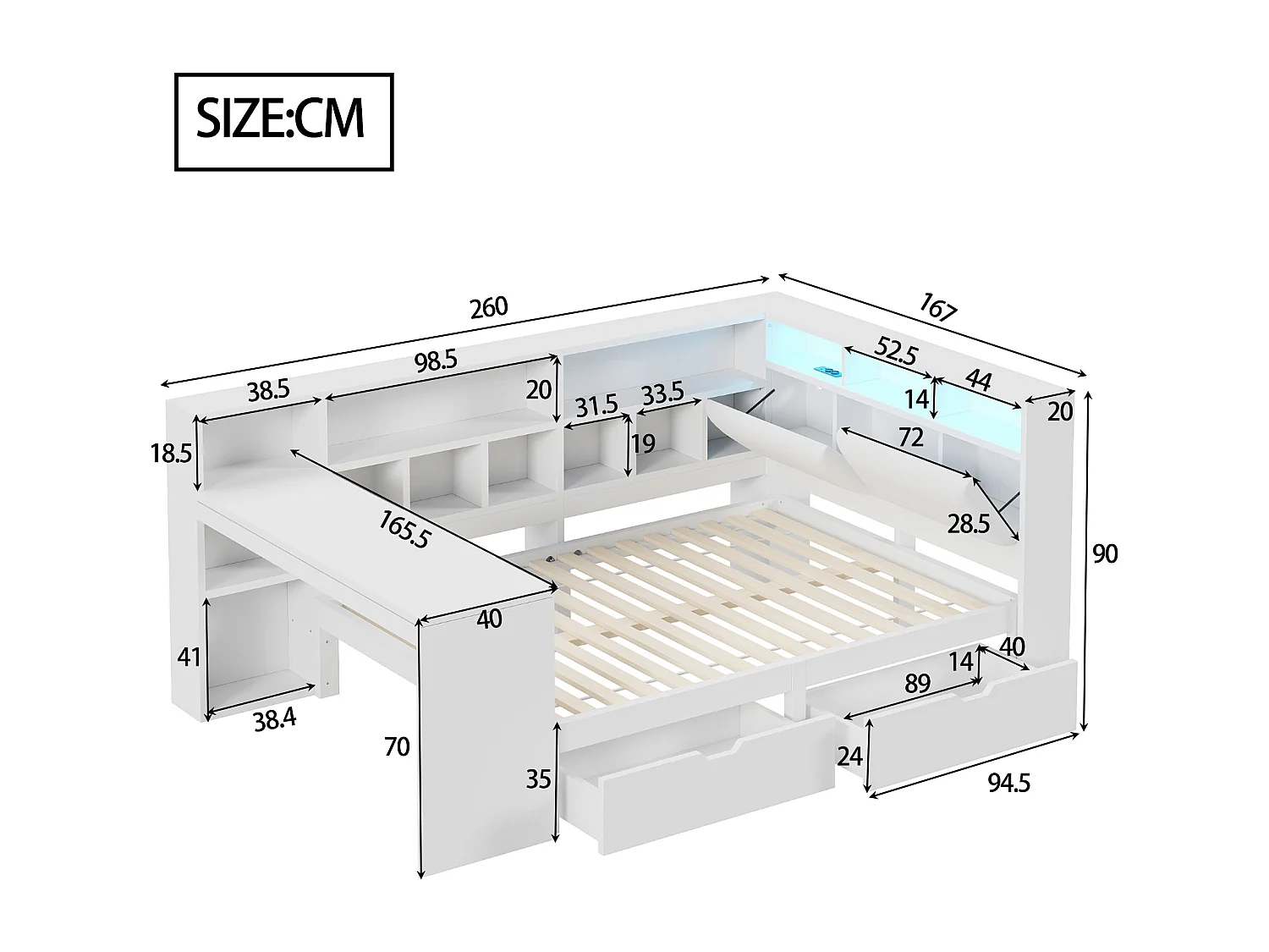 Lit en bois de 140 x 200 cm avec bureau et étagère - Lit enfant avec 2 tiroirs et LED - Blanc