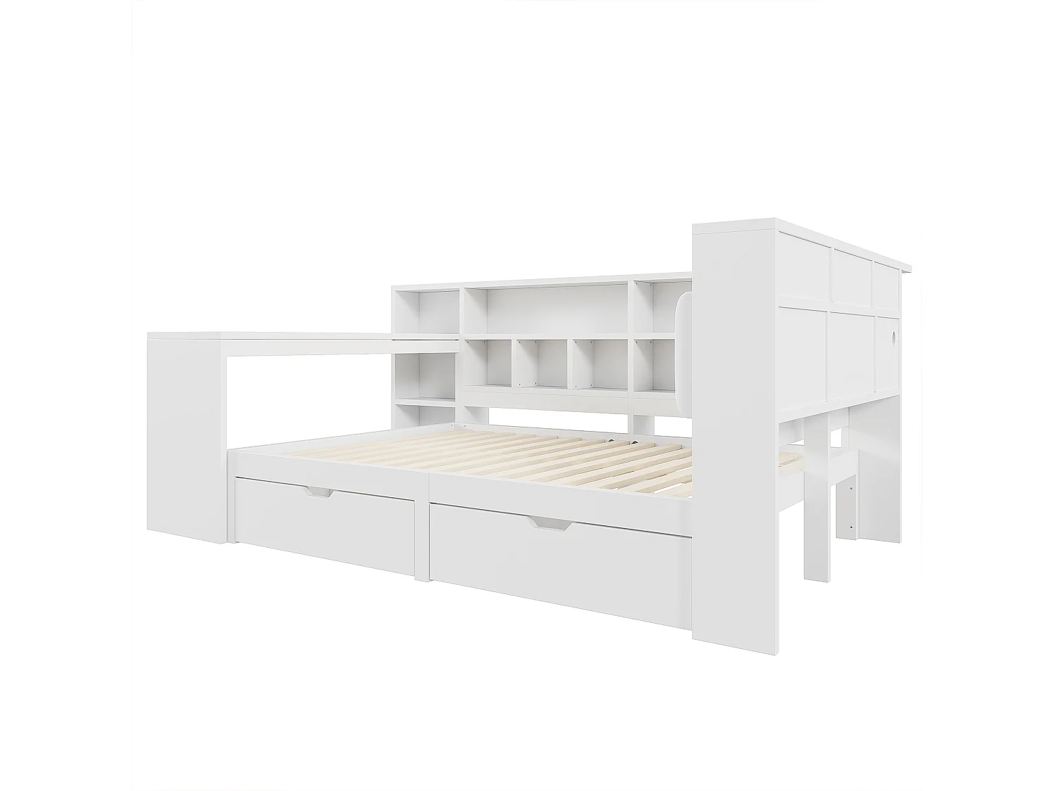 Lit en bois de 140 x 200 cm avec bureau et étagère - Lit enfant avec 2 tiroirs et LED - Blanc