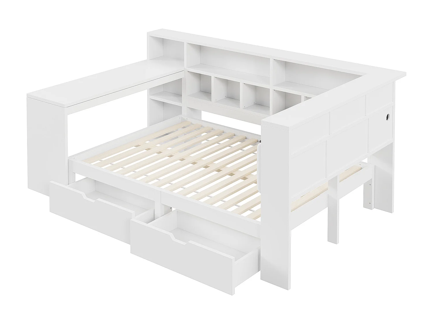 Lit en bois de 140 x 200 cm avec bureau et étagère - Lit enfant avec 2 tiroirs et LED - Blanc
