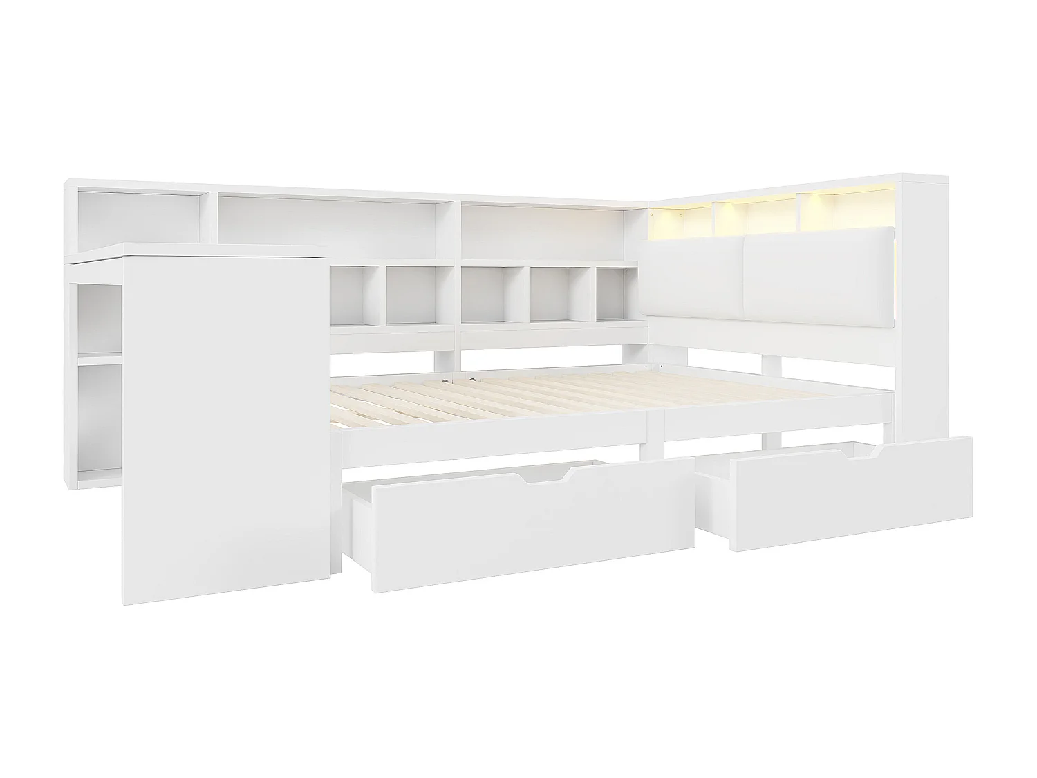 Lit en bois de 140 x 200 cm avec bureau et étagère - Lit enfant avec 2 tiroirs et LED - Blanc