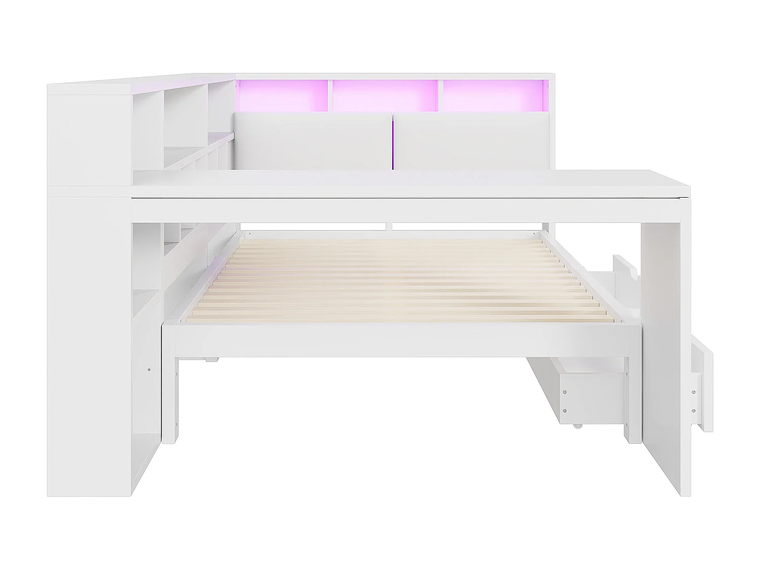 Lit en bois de 140 x 200 cm avec bureau et étagère - Lit enfant avec 2 tiroirs et LED - Blanc