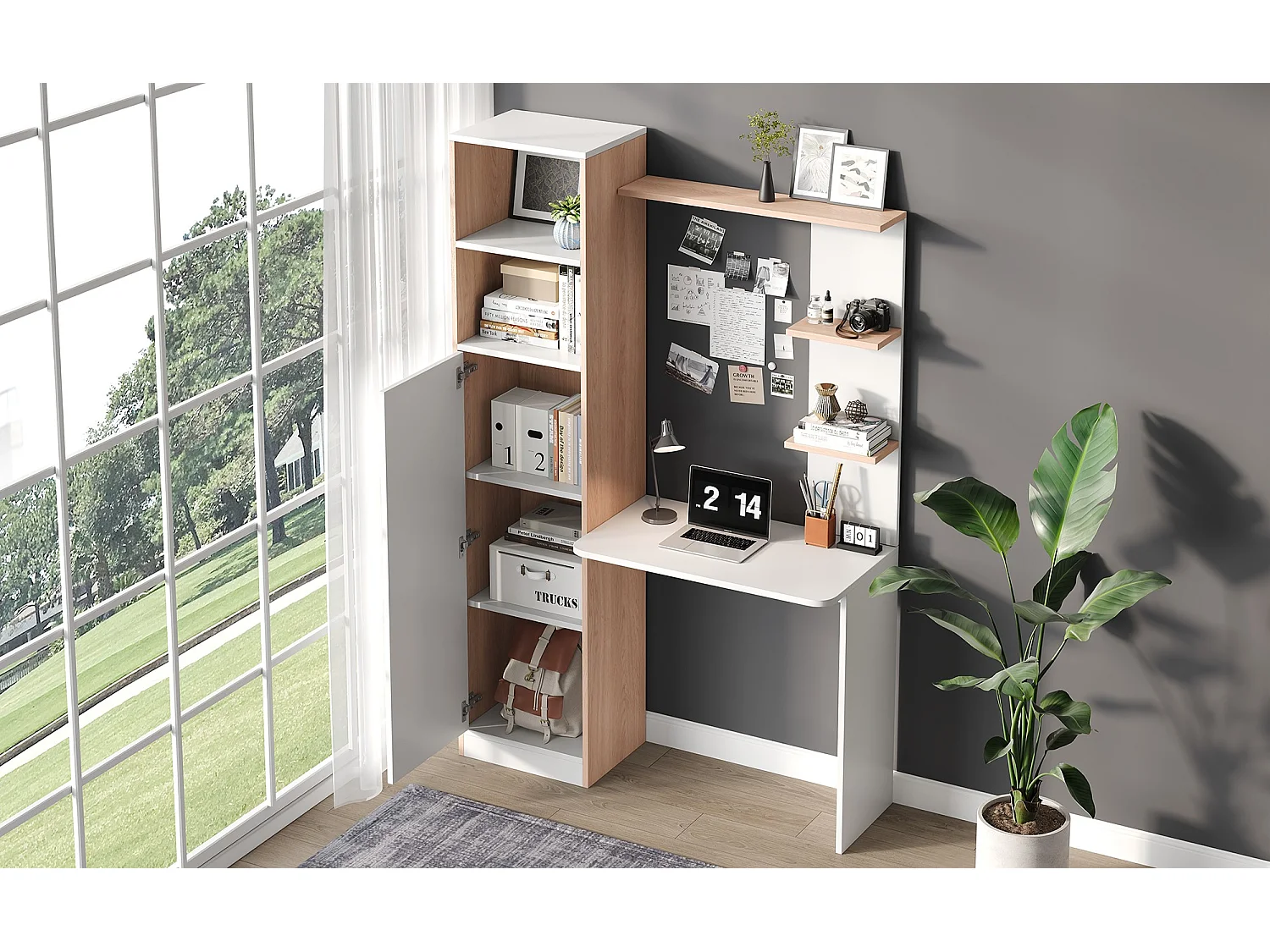 Bureau avec rangements et étagères ouvertes - Blanc et bois woodgrain