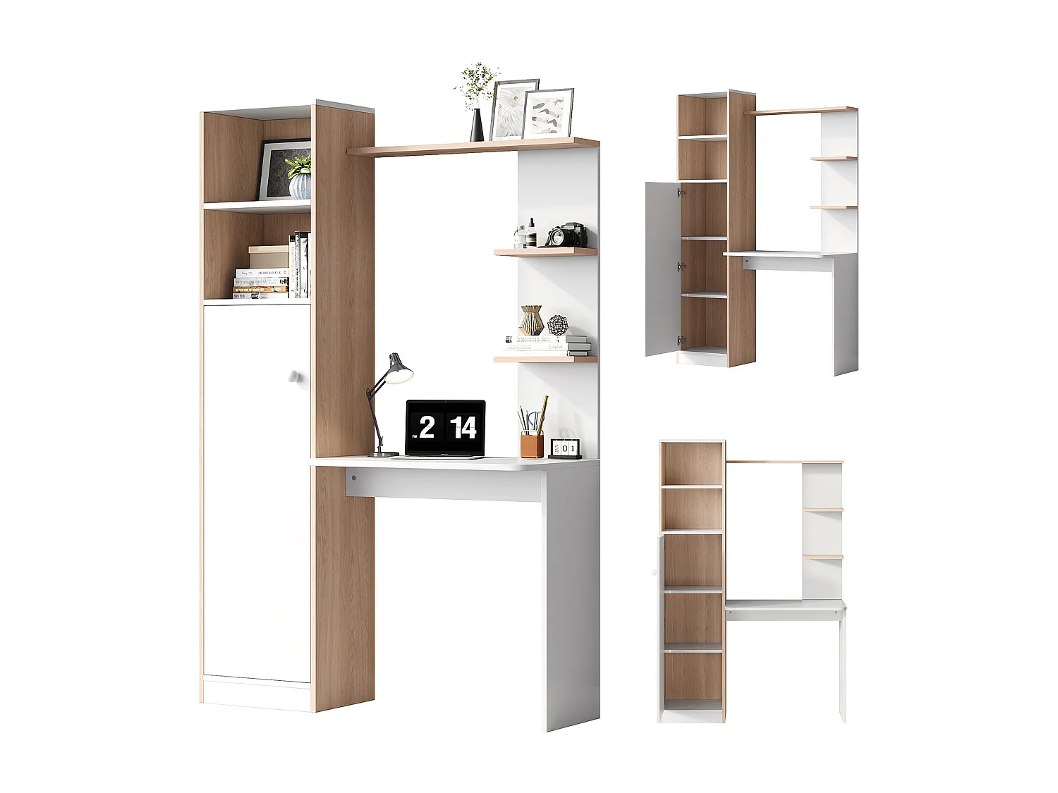 Bureau avec rangements et étagères ouvertes - Blanc et bois woodgrain