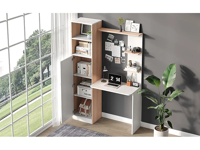 Bureau avec rangements et étagères ouvertes - Blanc et bois woodgrain