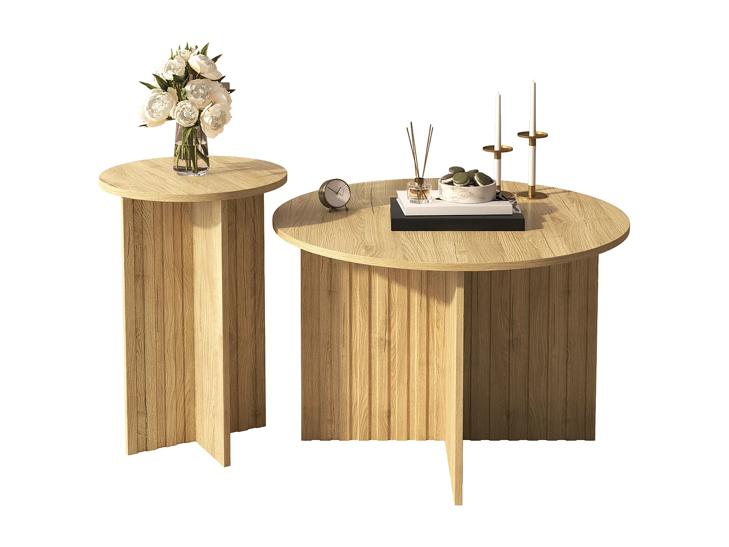 Lot de 2 tables basses ronde en bois MDF et PB – Couleur bois