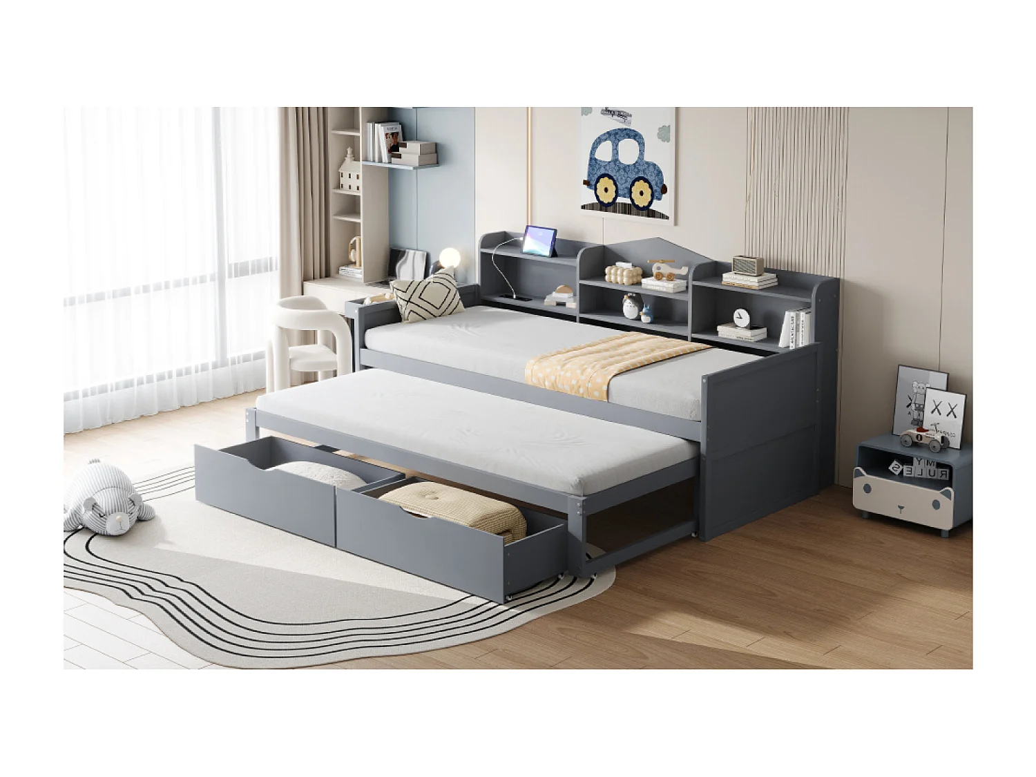 Dagbed 90x200cm met uitschuifbaar bed 90x190cm - Eenpersoonsbed met 2 lades, USB - Grijs hout