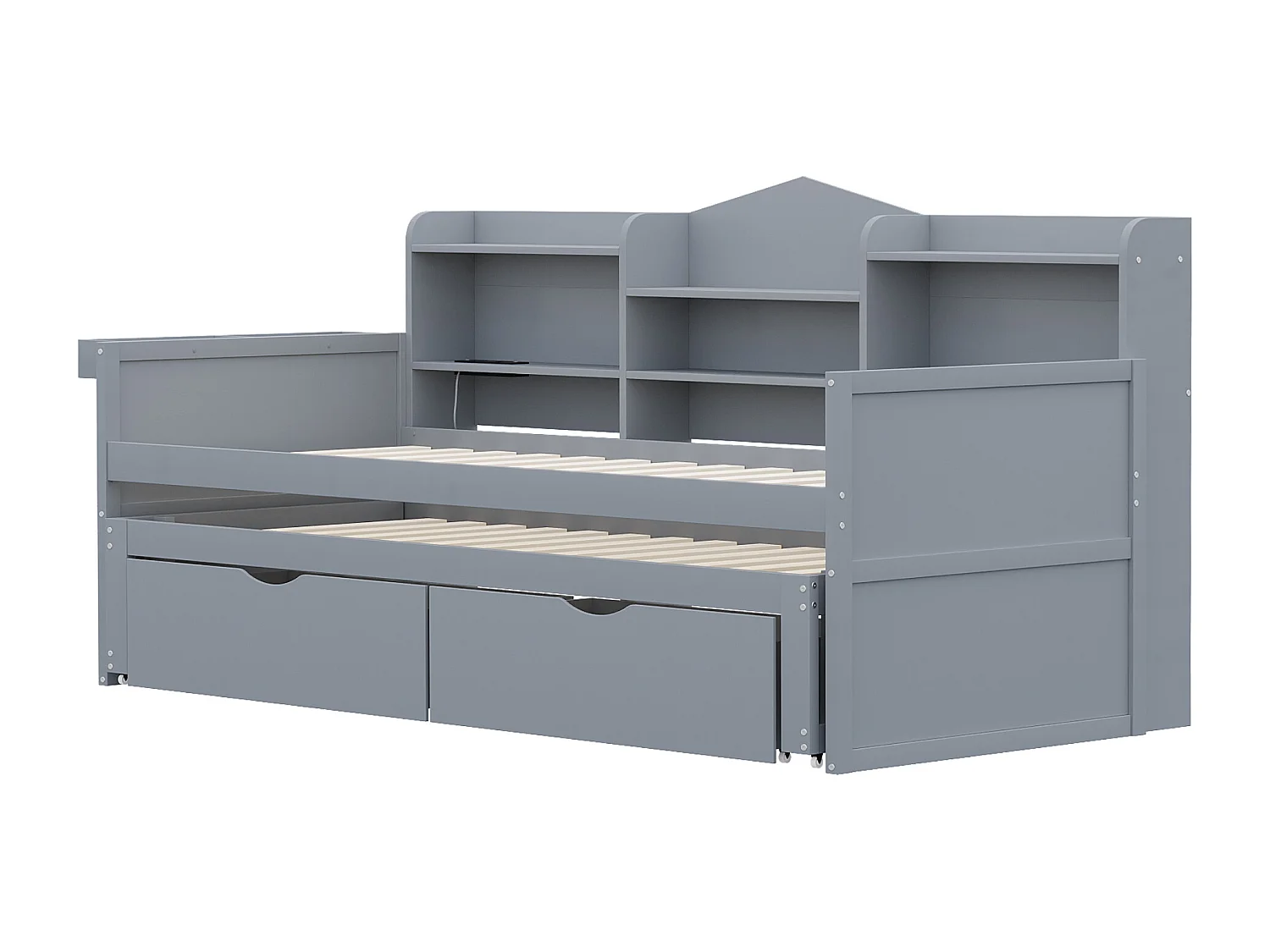 Dagbed 90x200cm met uitschuifbaar bed 90x190cm - Eenpersoonsbed met 2 lades, USB - Grijs hout