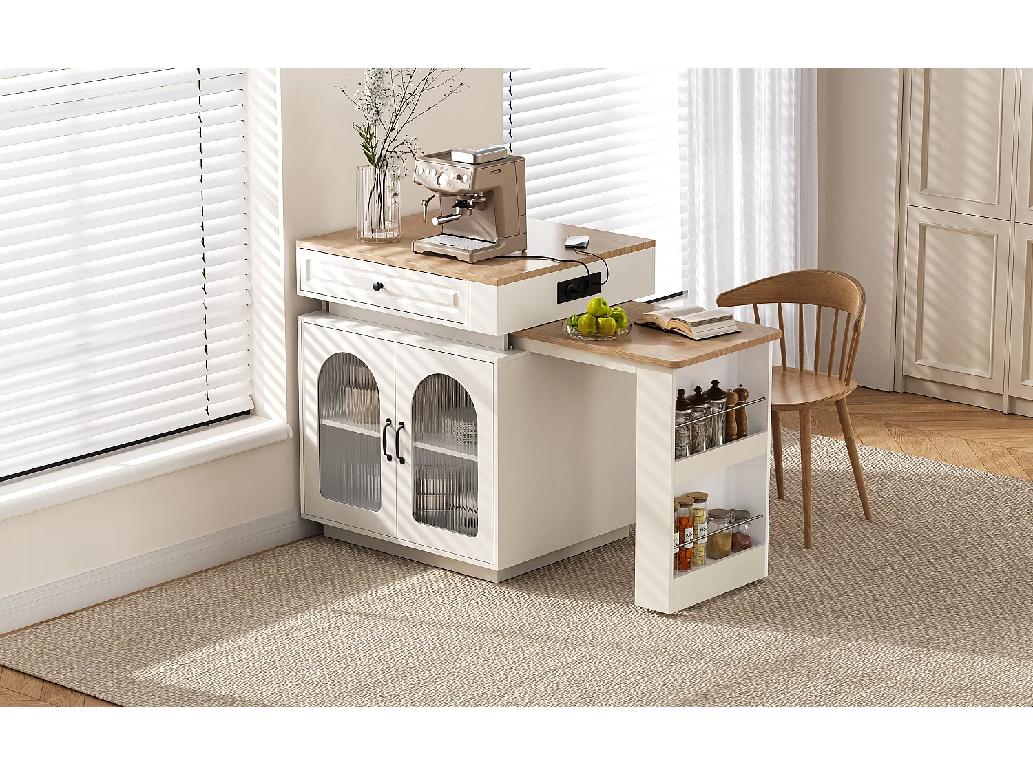 Îlot central de cuisine avec 2 portes verre et tiroir - Table extensible et LED,USB/Type-C - Plateau woodgrain