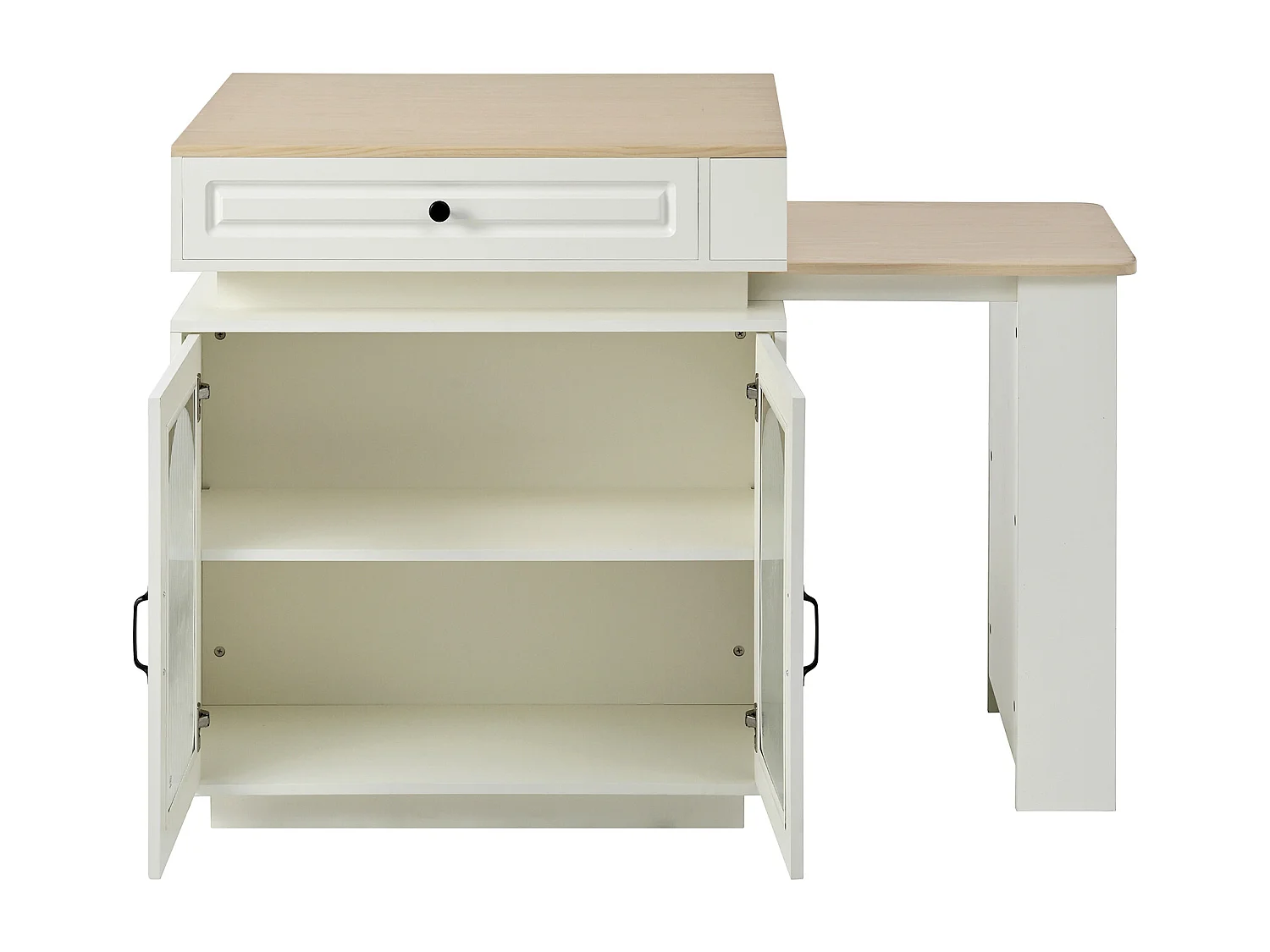 Îlot central de cuisine avec 2 portes verre et tiroir - Table extensible et LED,USB/Type-C - Plateau woodgrain