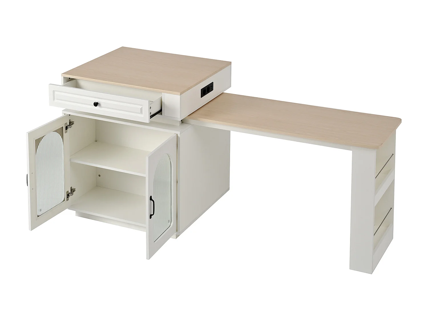 Îlot central de cuisine avec 2 portes verre et tiroir - Table extensible et LED,USB/Type-C - Plateau woodgrain