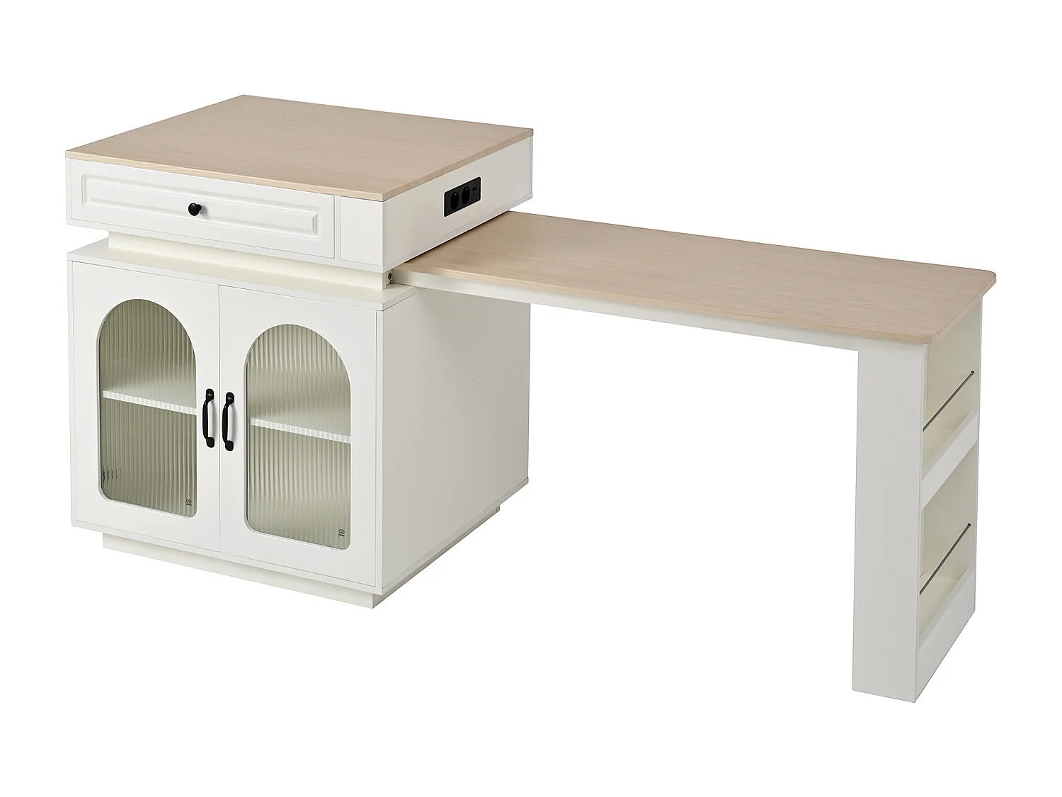 Îlot central de cuisine avec 2 portes verre et tiroir - Table extensible et LED,USB/Type-C - Plateau woodgrain