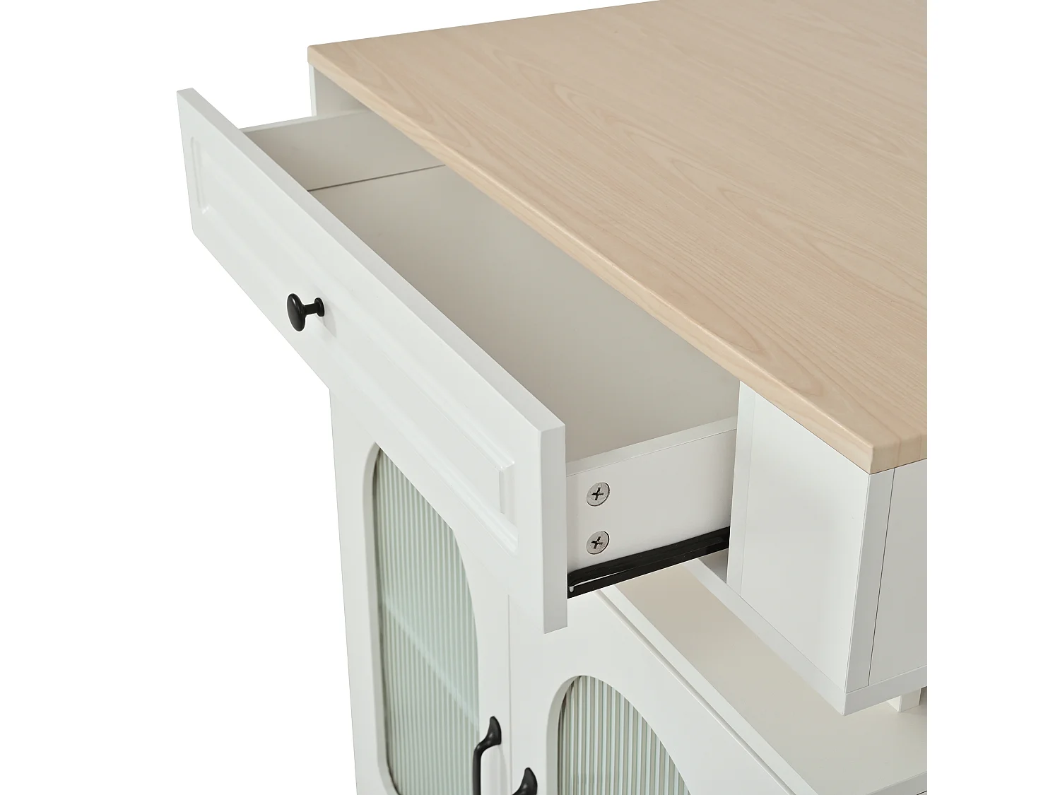 Îlot central de cuisine avec 2 portes verre et tiroir - Table extensible et LED,USB/Type-C - Plateau woodgrain