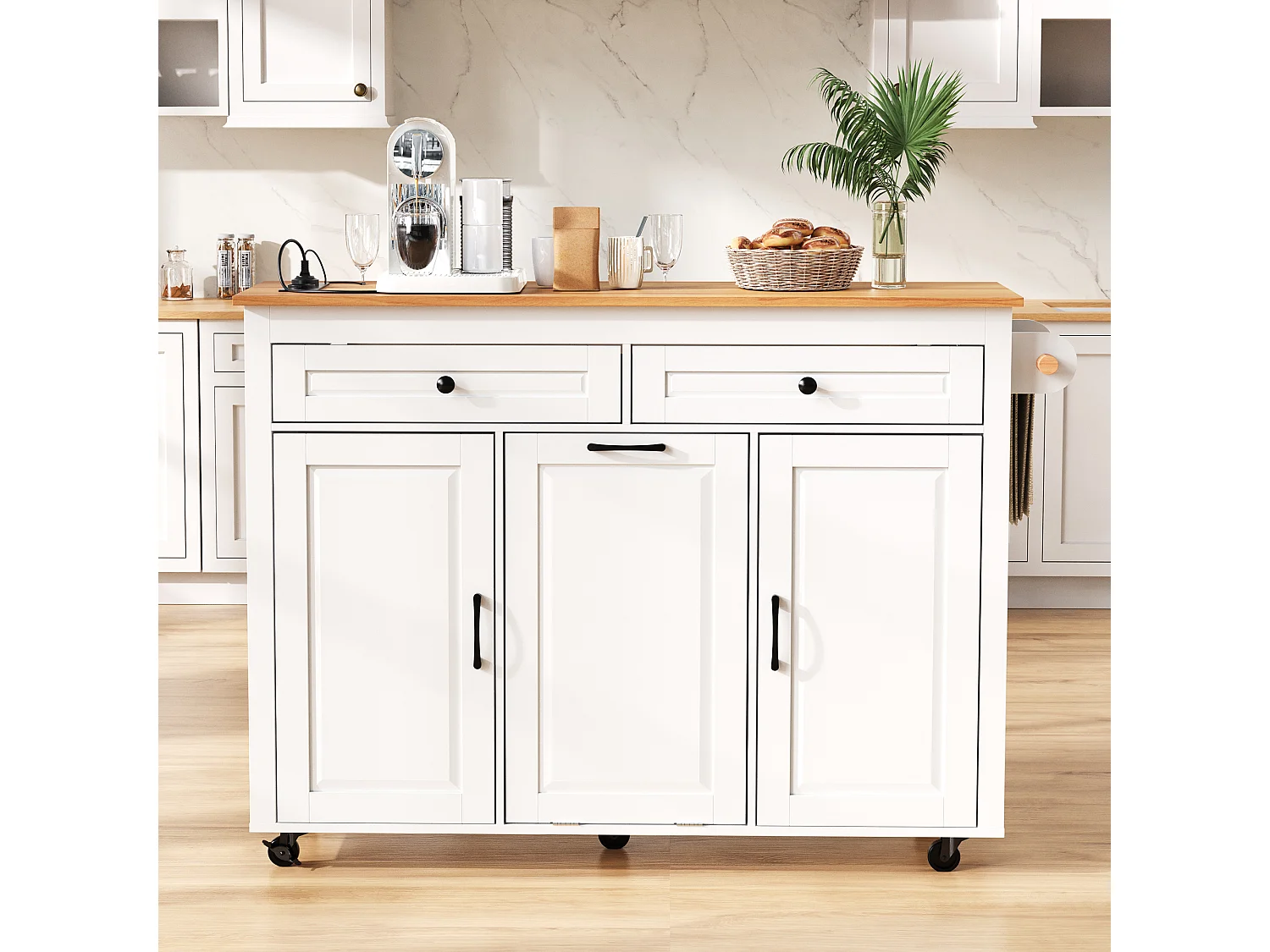 Îlot de cuisine couleur blanc et bois - Avec prise électrique et compartiment poubelle - Plateau télescopique